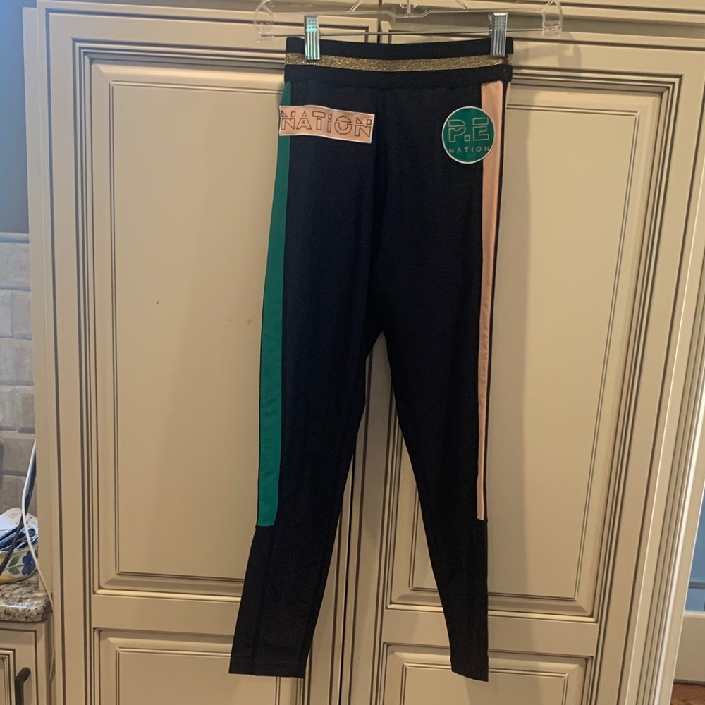 P.E Nation Kids Black Leggings with Green and Pink Stripes